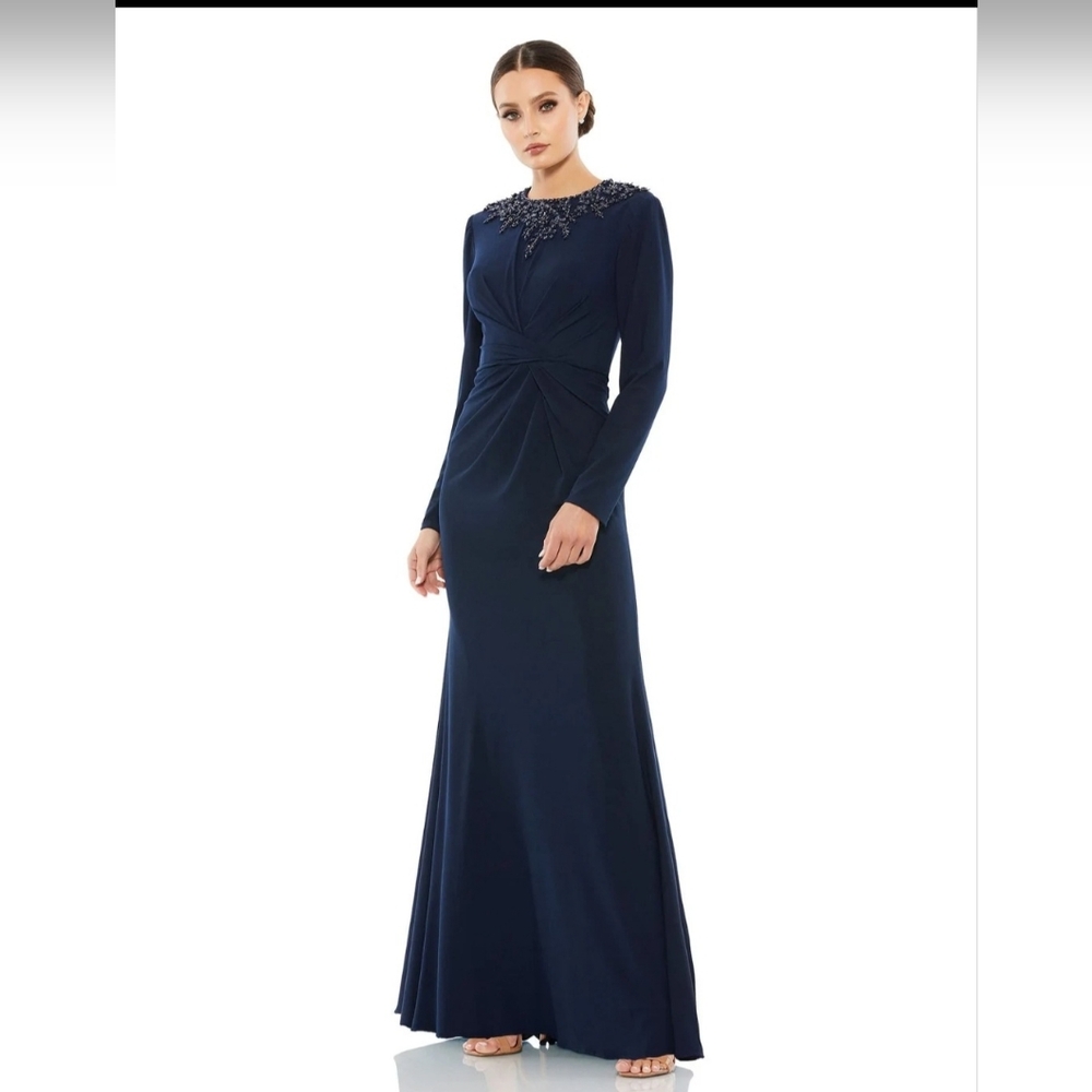MAC DUGGAL 55713 BEADED HIGH NECK TWIST LONG SLEEVE TRUMPET MIDNIGHT GOWN  sz 16